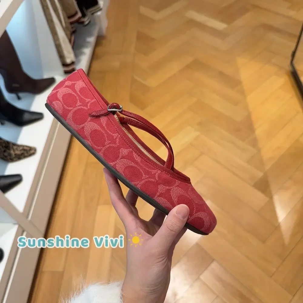 NWT Coach Women Phoebe Ballet Flat Signature Denim True Red CDG80 us7.5